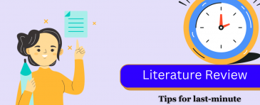 Illustration of girl with a notes and pen. There is a clock on the side about literature review.